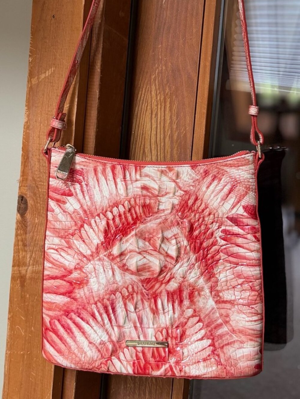 Brahmin Katie Soulder Bag or Crossbody Croc Embossed Slim Red Flamingo Tie Dye